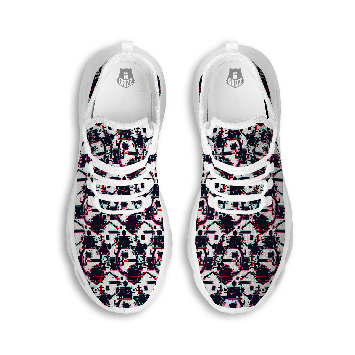 Glitch Effect Print Pattern White Running Shoes-grizzshop