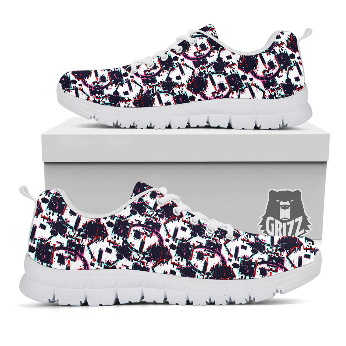 Glitch Effect Print Pattern White Sneaker-grizzshop