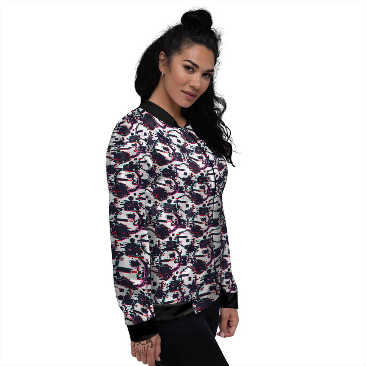 Glitch Effect Print Pattern Women's Bomber Jacket-grizzshop