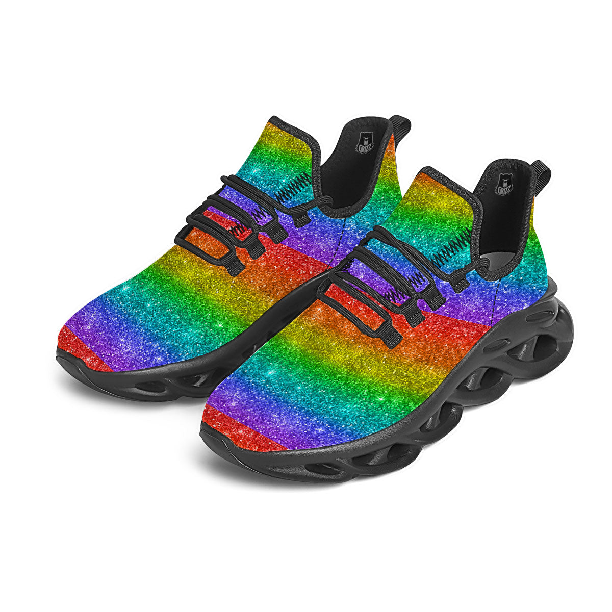 Glitter Rainbow Print Pattern Black Running Shoes-grizzshop