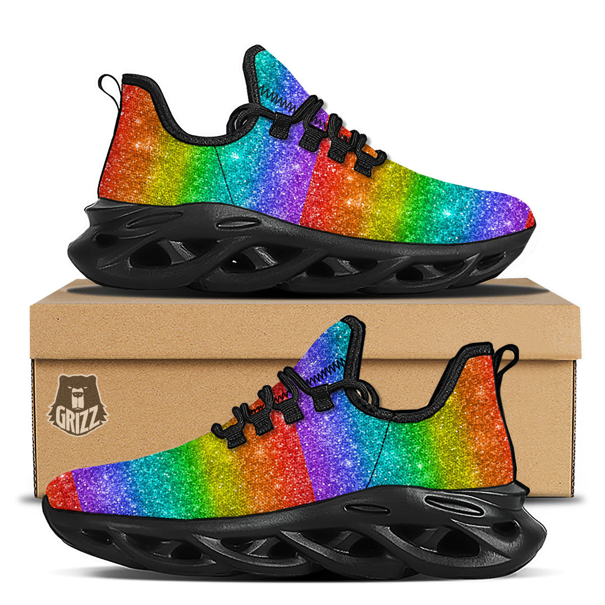 Glitter Rainbow Print Pattern Black Running Shoes-grizzshop