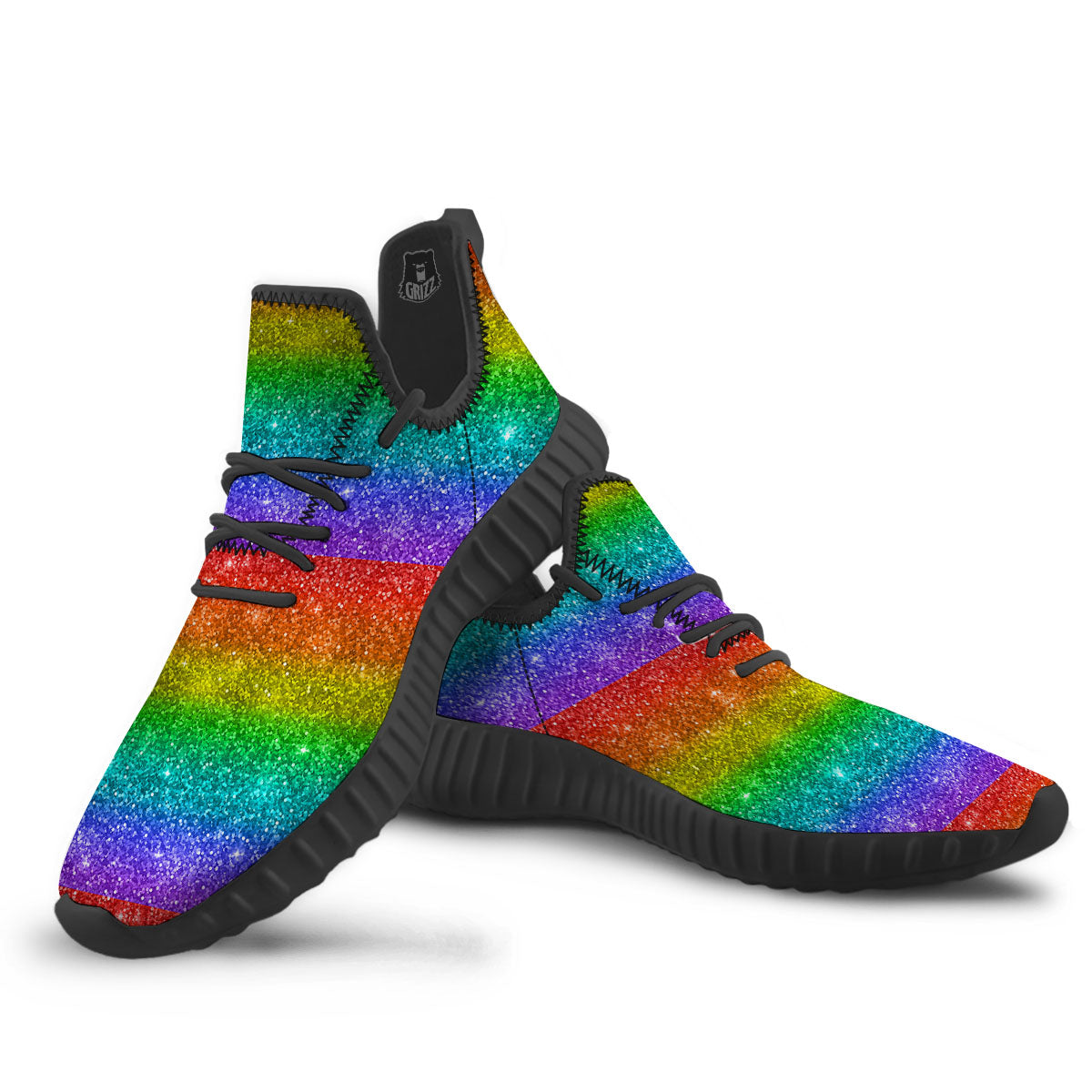 Glitter Rainbow Print Pattern Black Walking Shoes-grizzshop