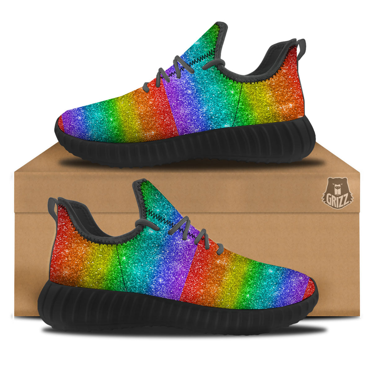 Glitter Rainbow Print Pattern Black Walking Shoes-grizzshop