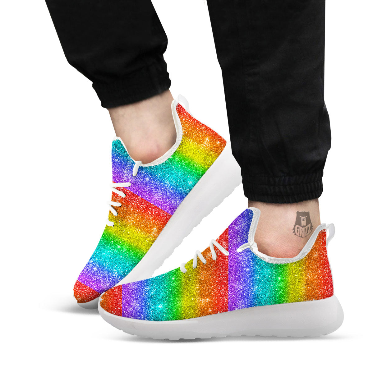 Glitter Rainbow Print Pattern White Athletic Shoes-grizzshop