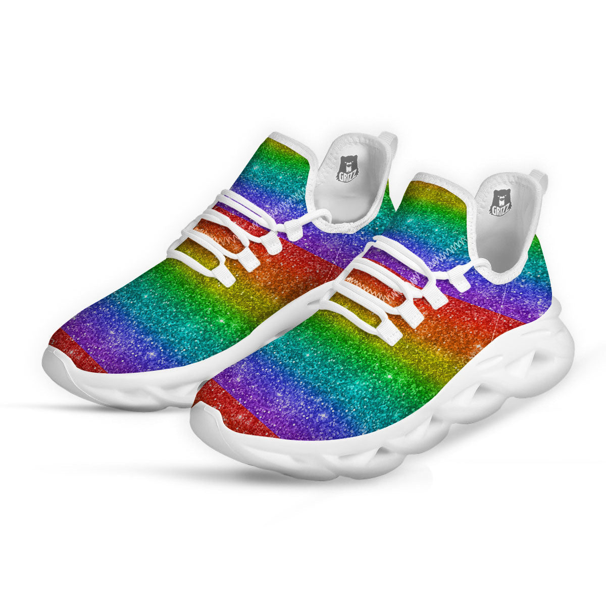Glitter Rainbow Print Pattern White Running Shoes-grizzshop