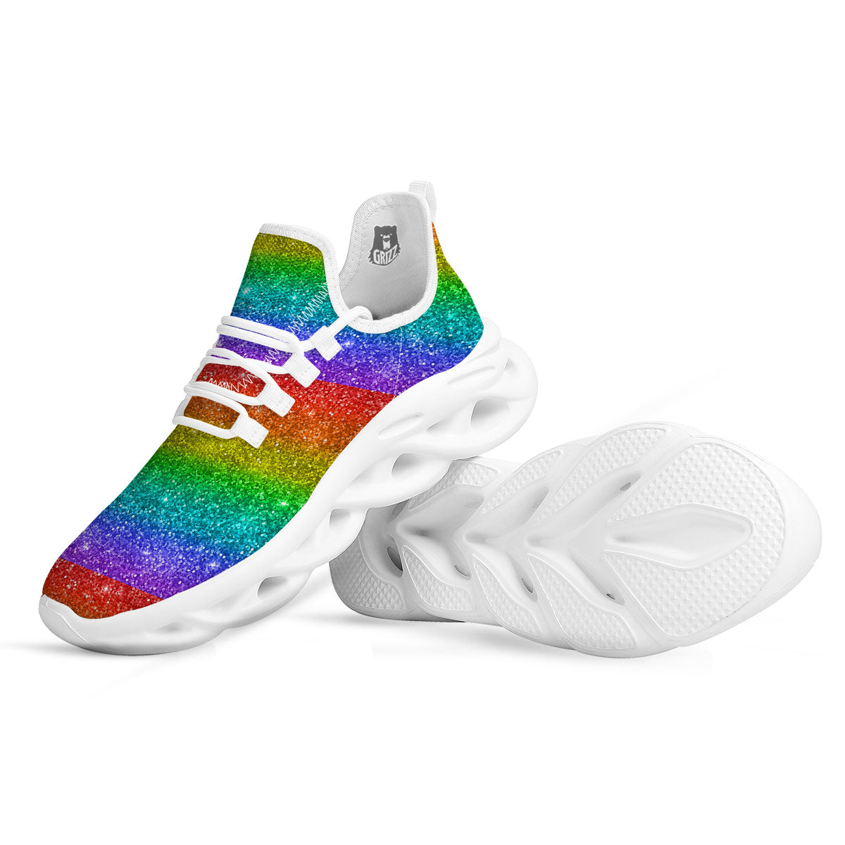 Glitter Rainbow Print Pattern White Running Shoes-grizzshop