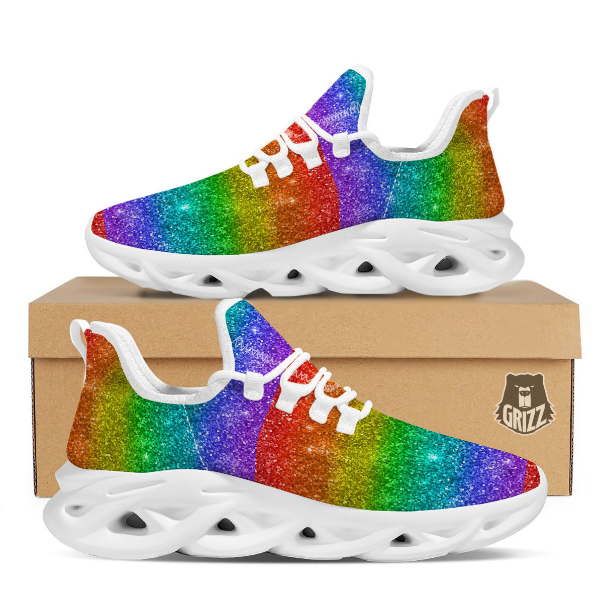 Glitter Rainbow Print Pattern White Running Shoes-grizzshop
