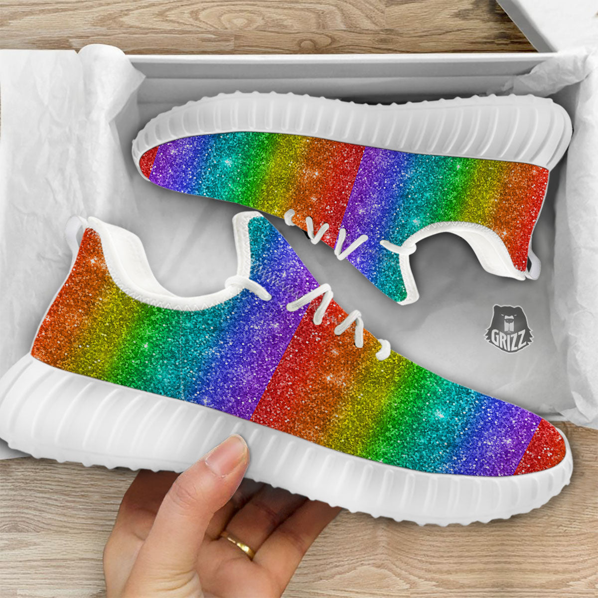Glitter Rainbow Print Pattern White Walking Shoes-grizzshop