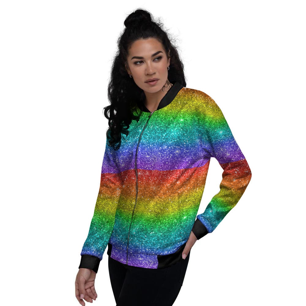 Glitter Rainbow Print Pattern Women's Bomber Jacket-grizzshop
