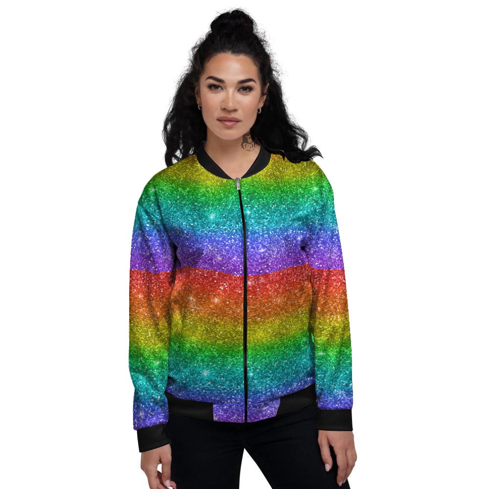 Glitter Rainbow Print Pattern Women's Bomber Jacket-grizzshop