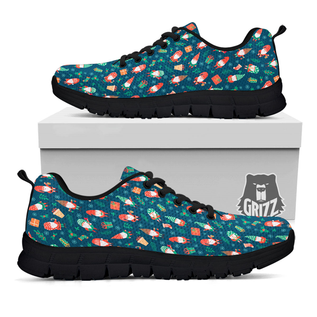 Gnomes Christmas Print Pattern Black Sneaker-grizzshop