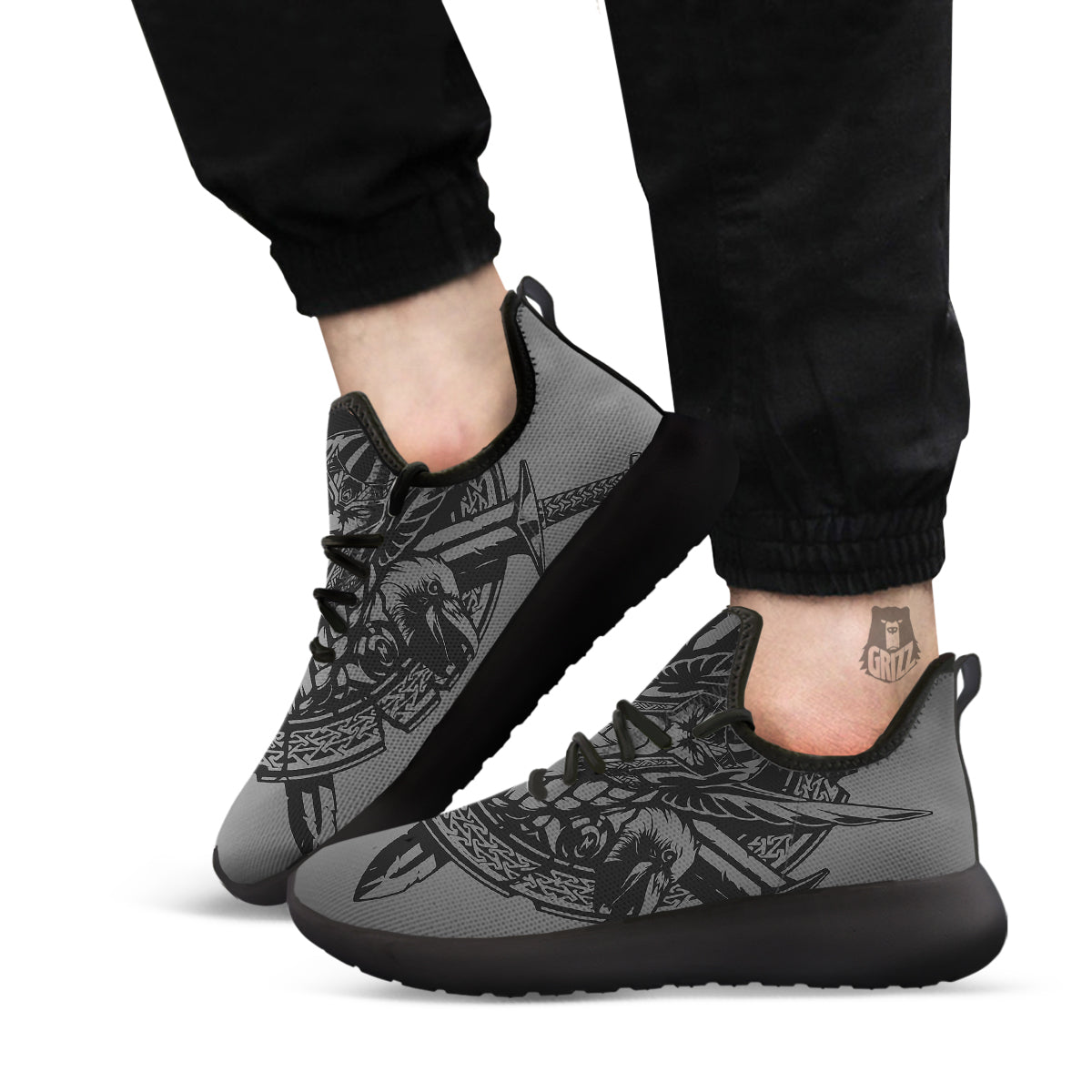 God Odin Grey Color Print Black Athletic Shoes-grizzshop