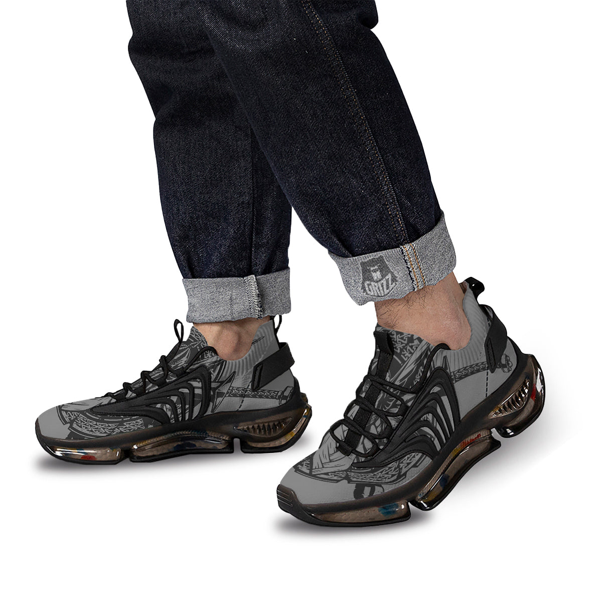 God Odin Grey Color Print Black Gym Shoes-grizzshop