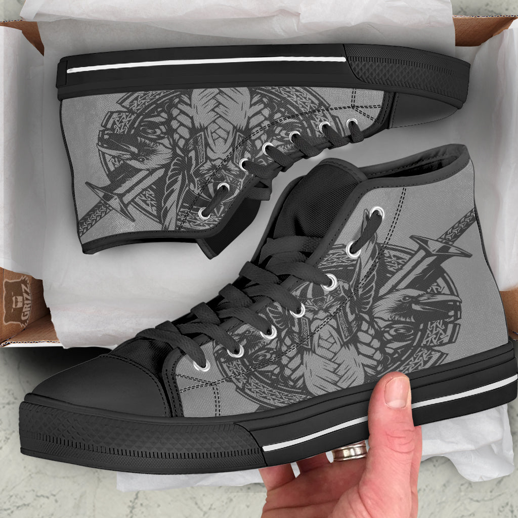 God Odin Grey Color Print Black High Top Shoes-grizzshop