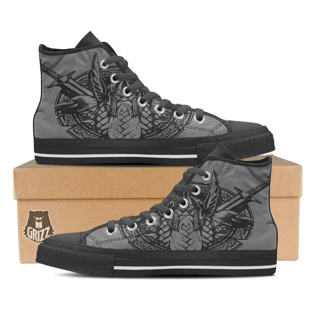 God Odin Grey Color Print Black High Top Shoes-grizzshop