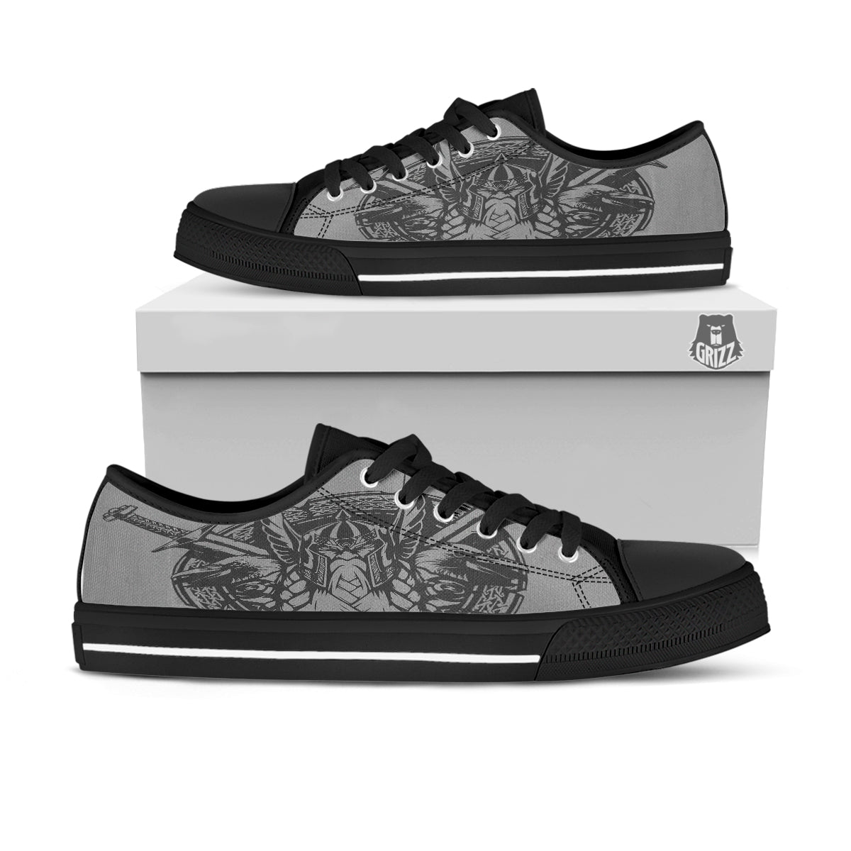 God Odin Grey Color Print Black Low Top Shoes-grizzshop
