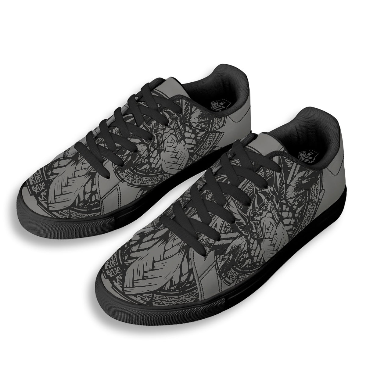 God Odin Grey Color Print Black Low Top Sneakers-grizzshop