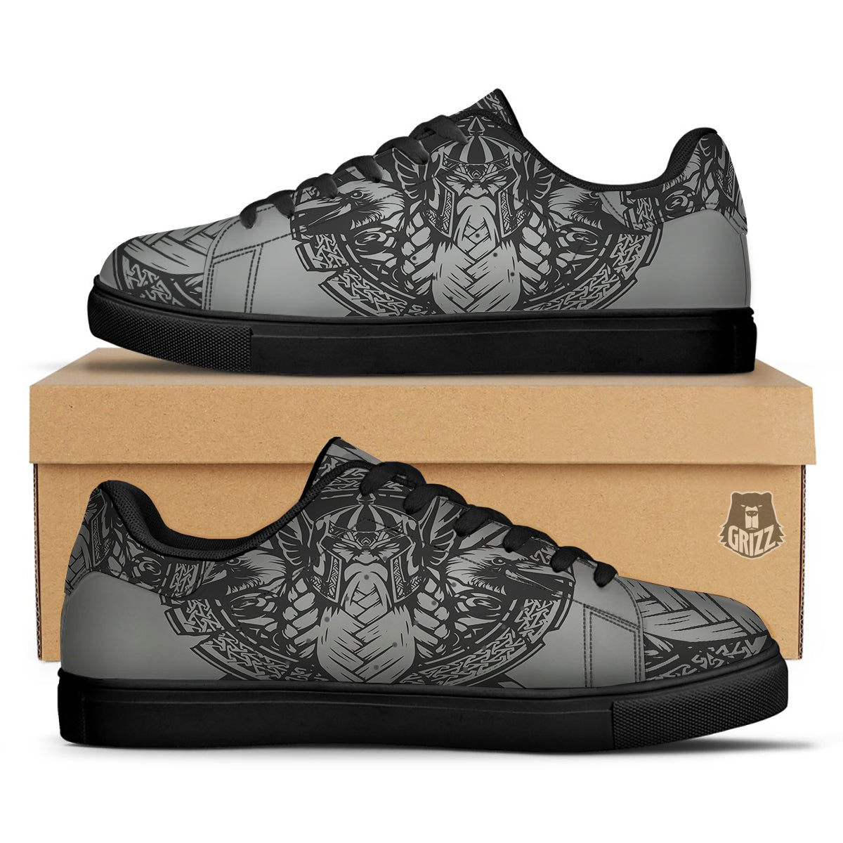 God Odin Grey Color Print Black Low Top Sneakers-grizzshop