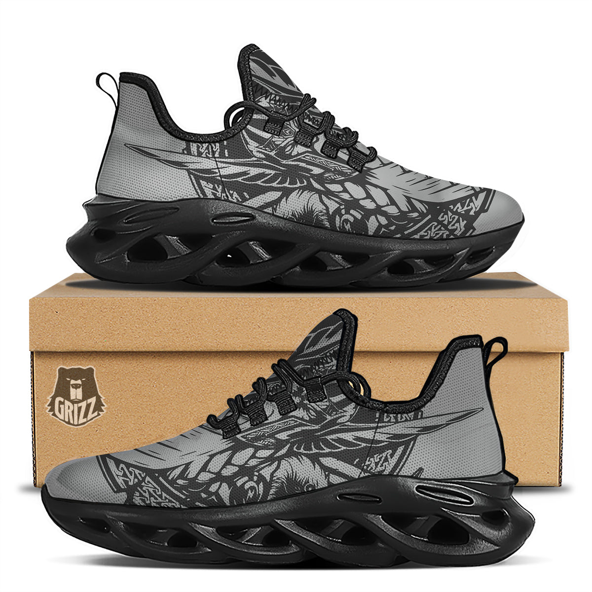 God Odin Grey Color Print Black Running Shoes-grizzshop