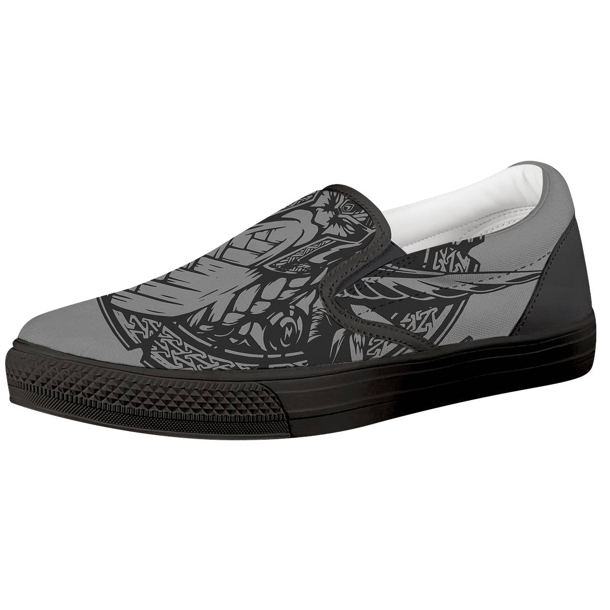 God Odin Grey Color Print Black Slip On Shoes-grizzshop