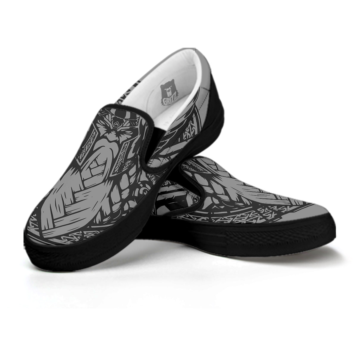 God Odin Grey Color Print Black Slip On Shoes-grizzshop
