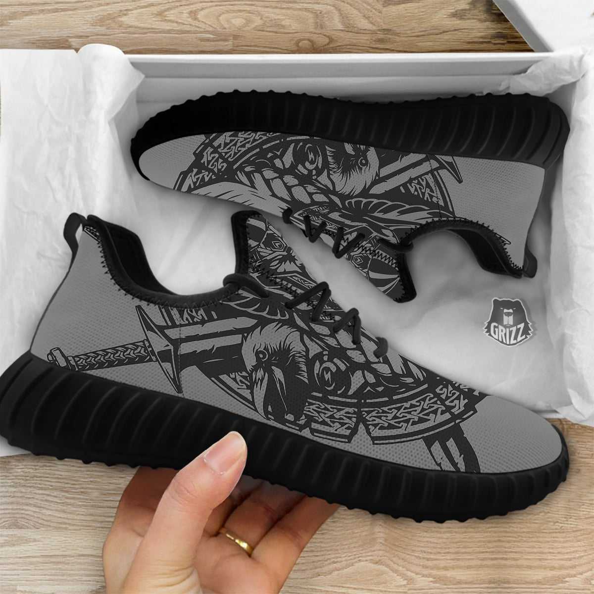 God Odin Grey Color Print Black Walking Shoes-grizzshop