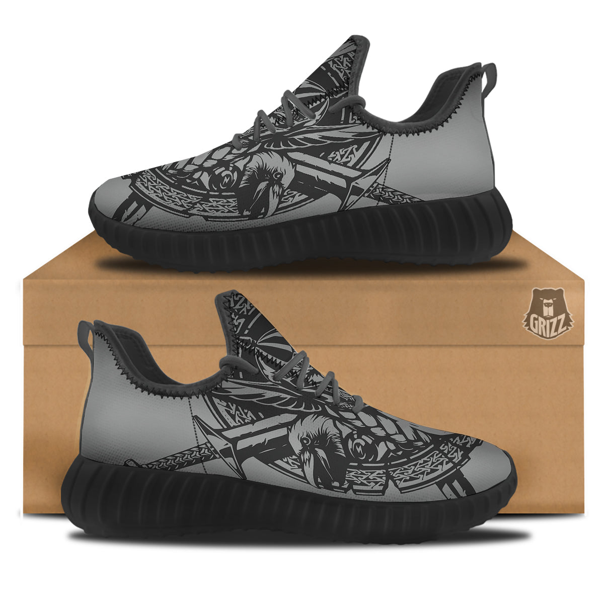 God Odin Grey Color Print Black Walking Shoes-grizzshop