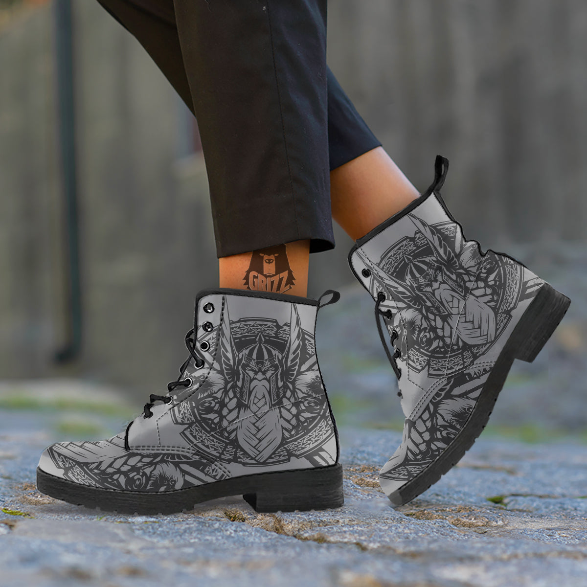 God Odin Grey Color Print Leather Boots-grizzshop