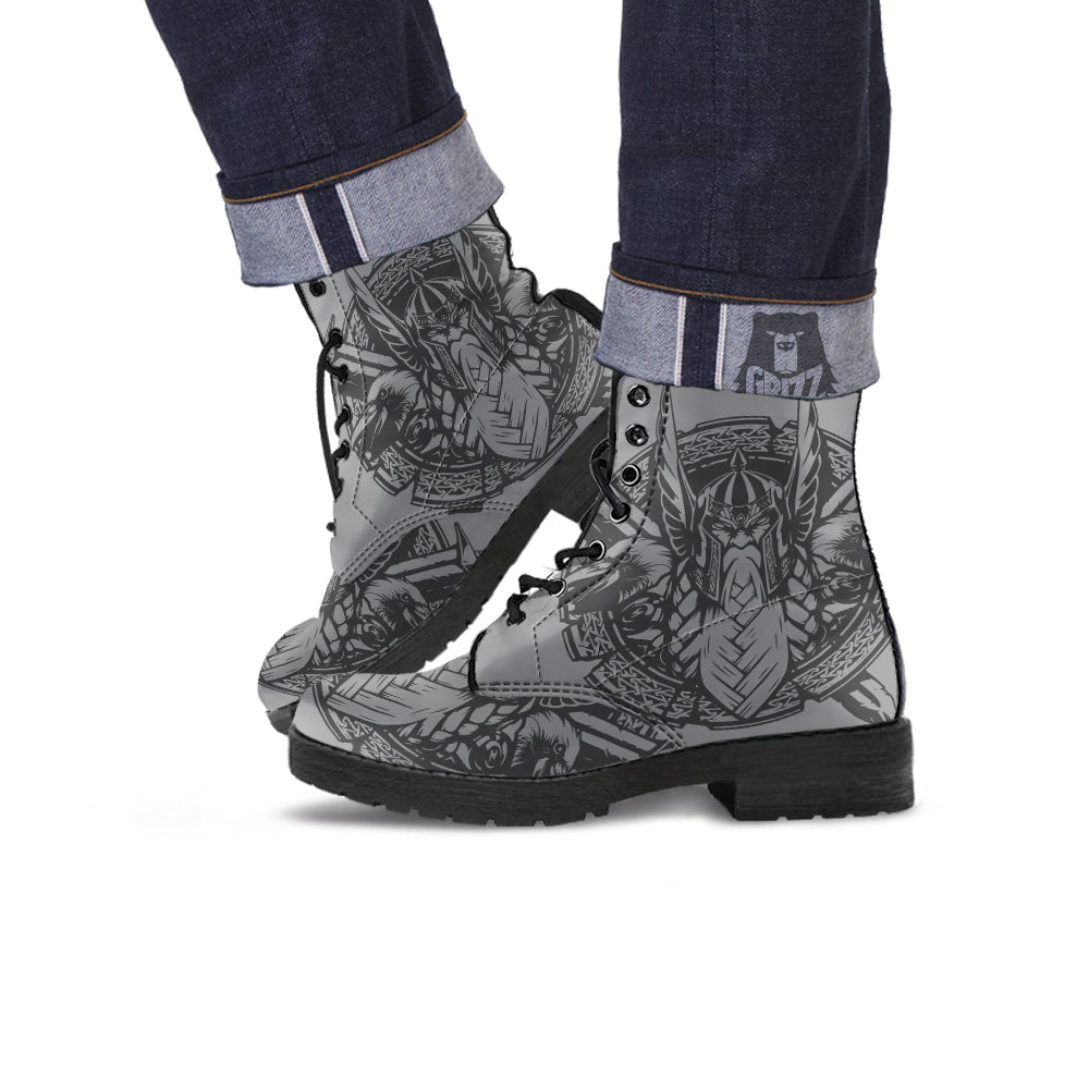 God Odin Grey Color Print Leather Boots-grizzshop