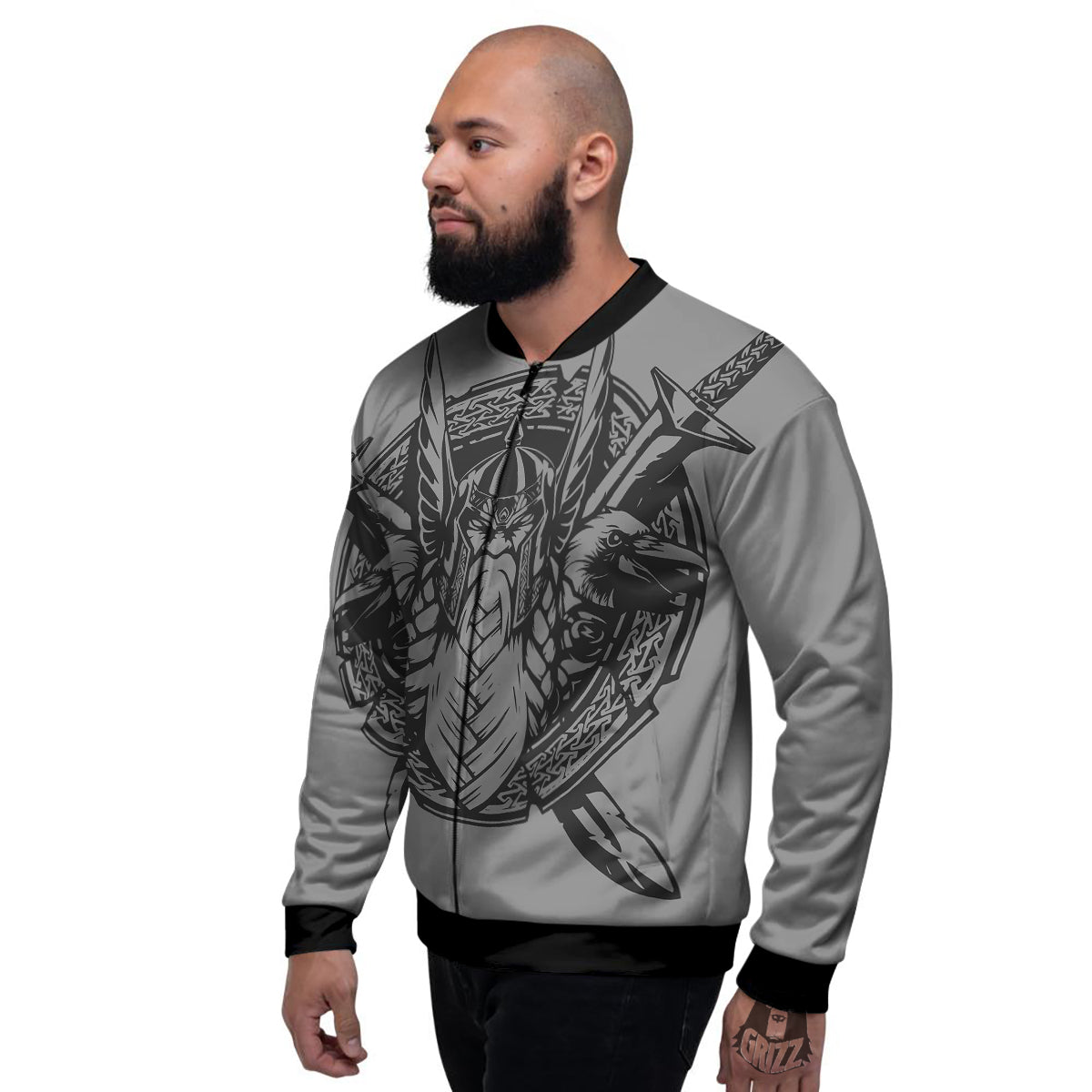 God Odin Grey Color Print Men's Bomber Jacket-grizzshop