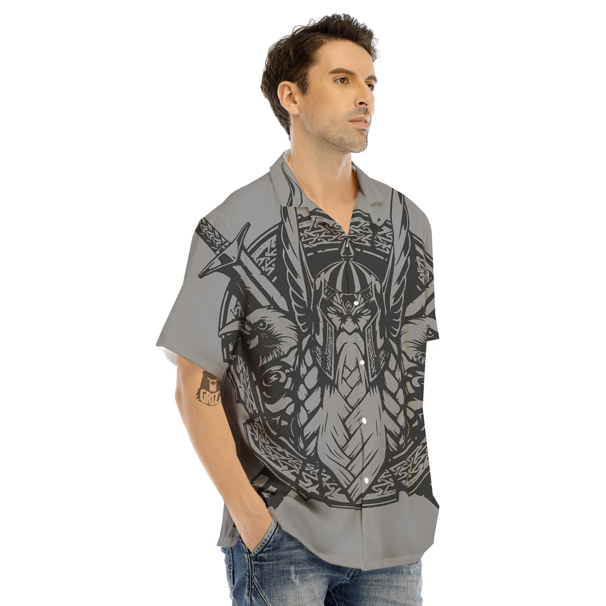 God Odin Grey Color Print Men's Hawaiian Shirt-grizzshop
