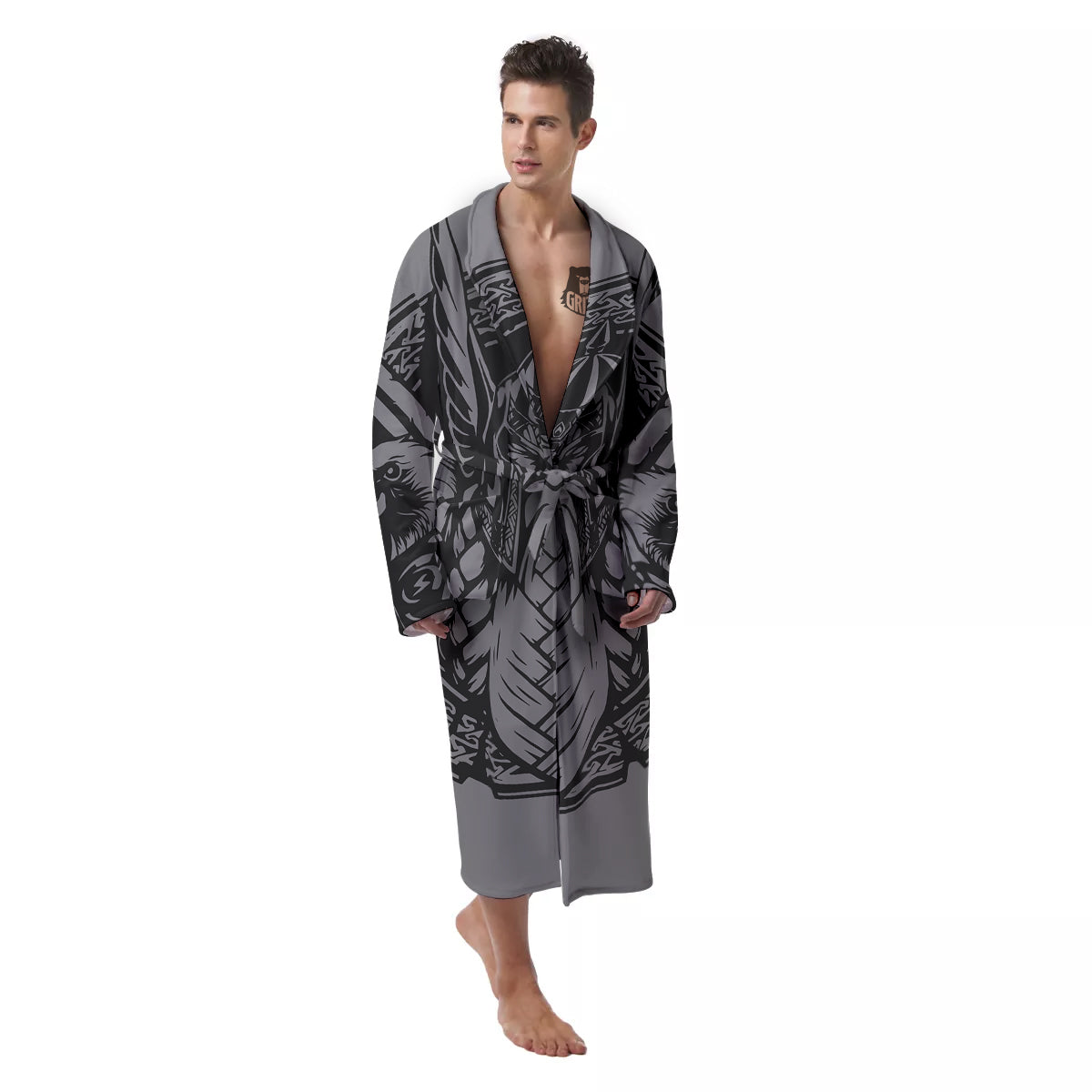 God Odin Grey Color Print Men's Robe-grizzshop