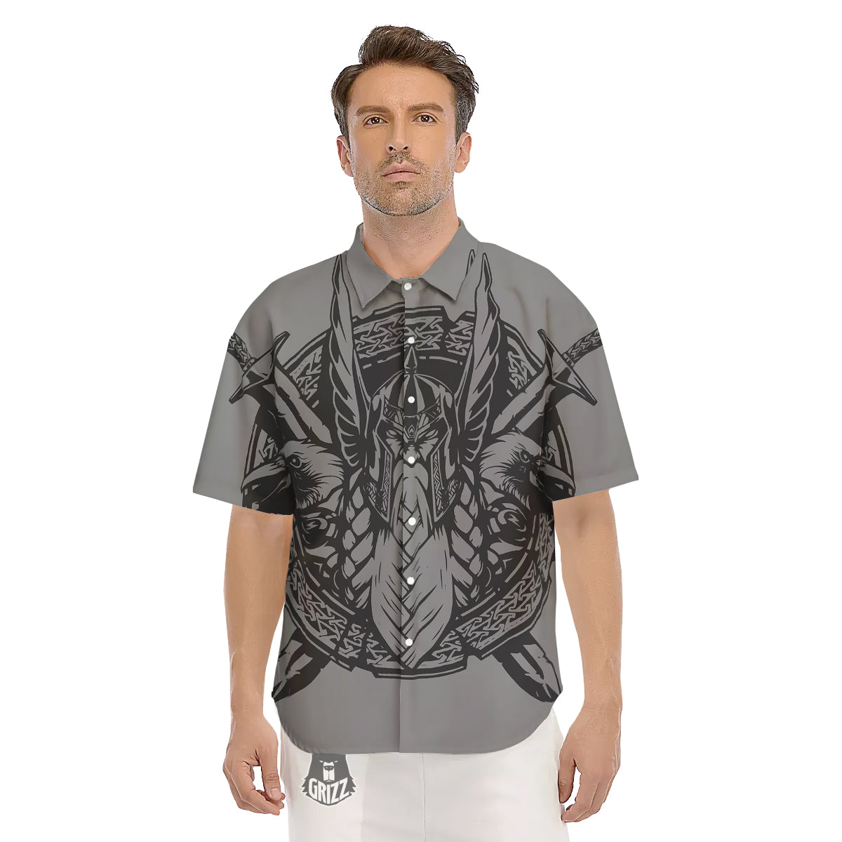 God Odin Grey Color Print Men's Short Sleeve Shirts-grizzshop