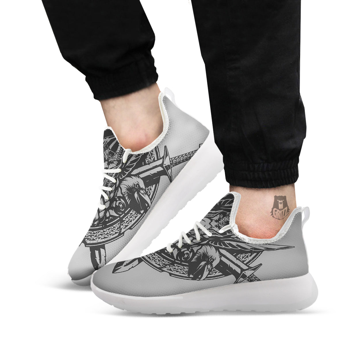 God Odin Grey Color Print White Athletic Shoes-grizzshop