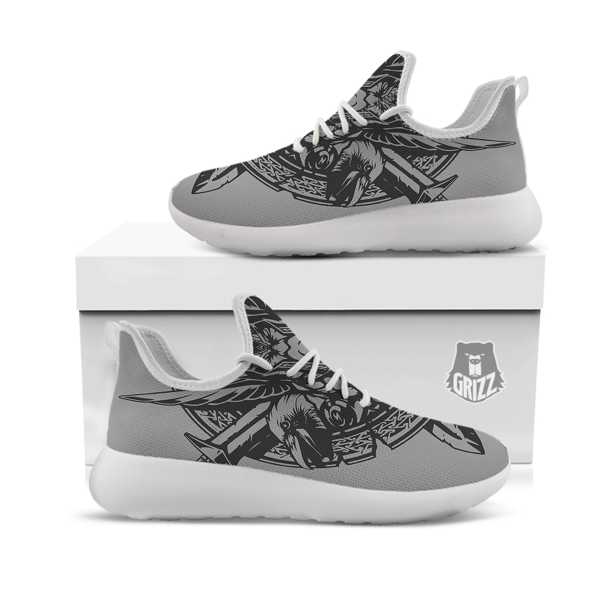 God Odin Grey Color Print White Athletic Shoes-grizzshop