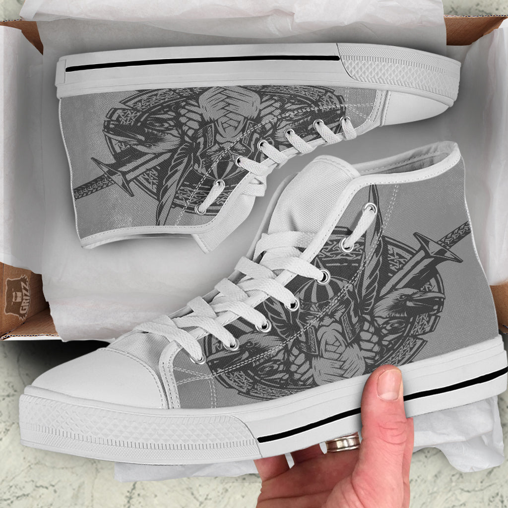 God Odin Grey Color Print White High Top Shoes-grizzshop
