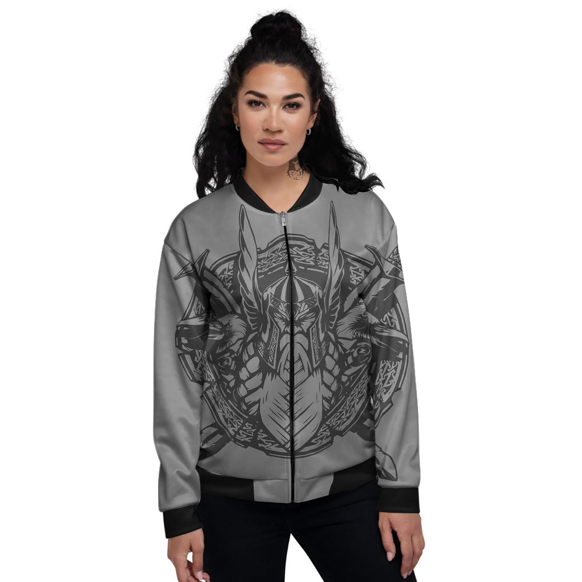 God Odin Grey Color Print Women's Bomber Jacket-grizzshop