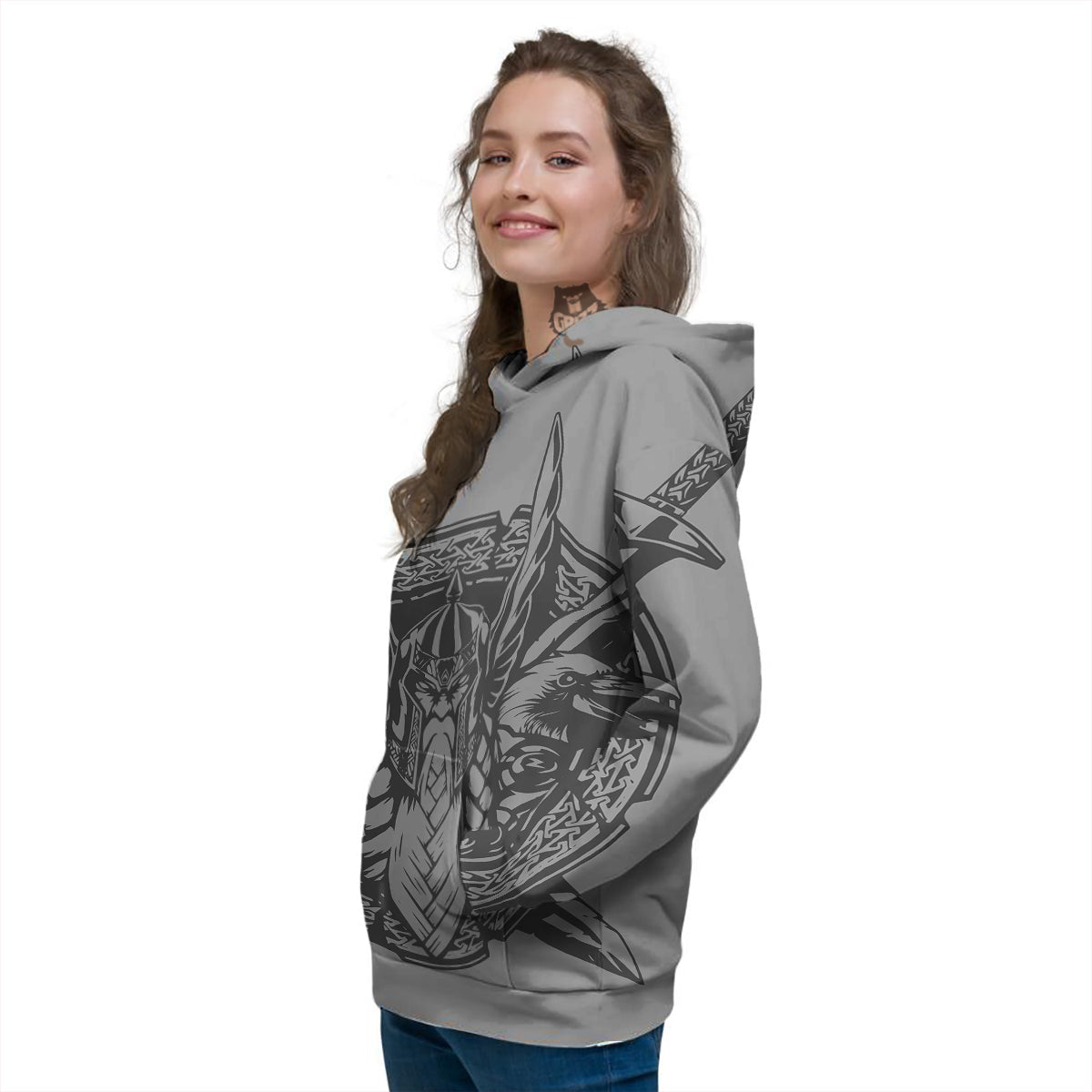 God Odin Grey Color Print Women's Hoodie-grizzshop