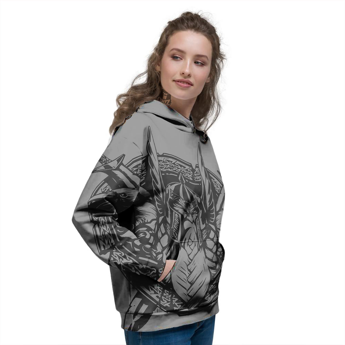 God Odin Grey Color Print Women's Hoodie-grizzshop