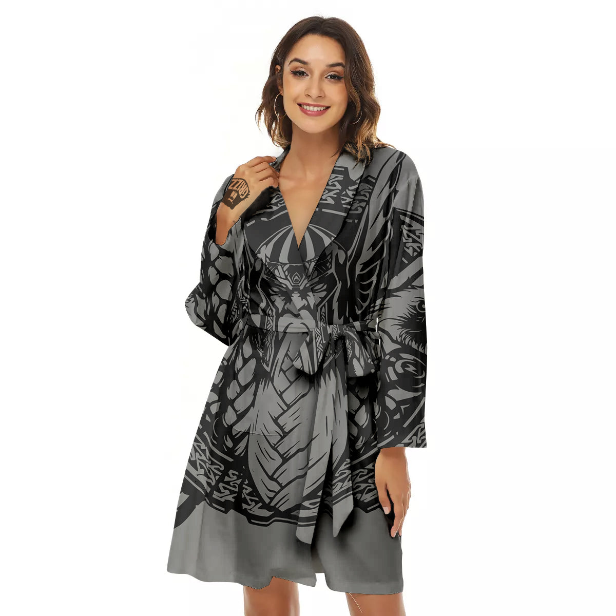 God Odin Grey Color Print Women's Robe-grizzshop