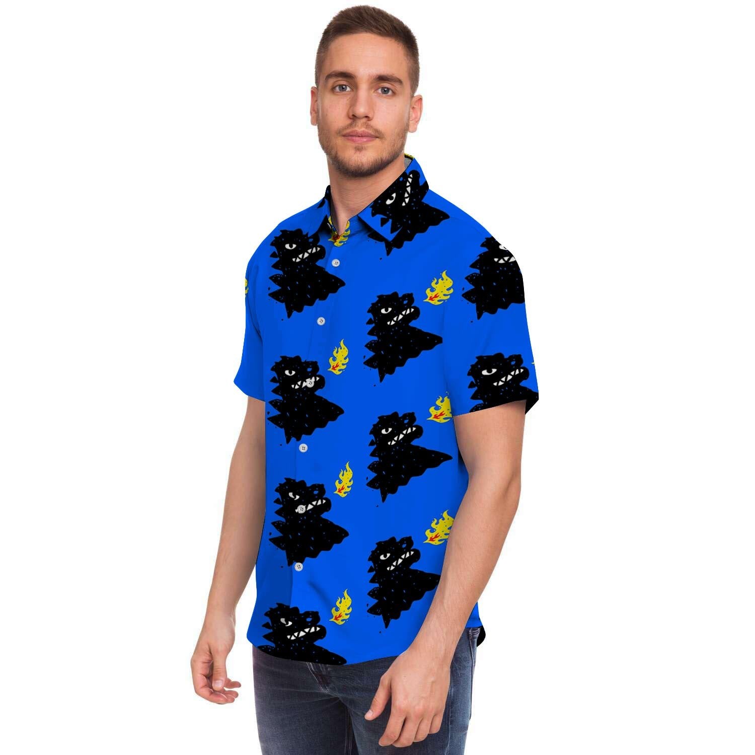 Godzilla Japanese Pattern Print Men's Short Sleeve Shirt-grizzshop