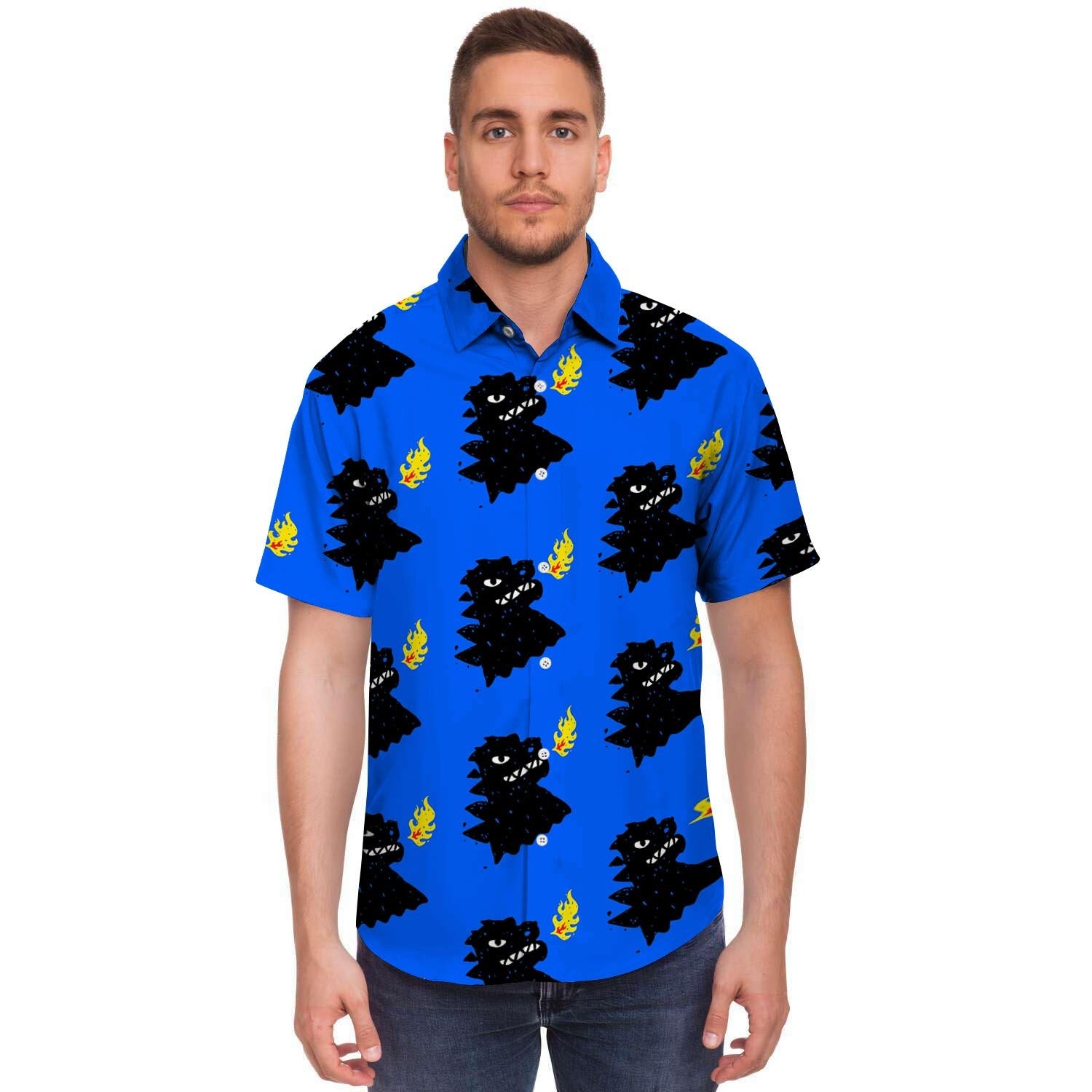 Godzilla Japanese Pattern Print Men's Short Sleeve Shirt-grizzshop