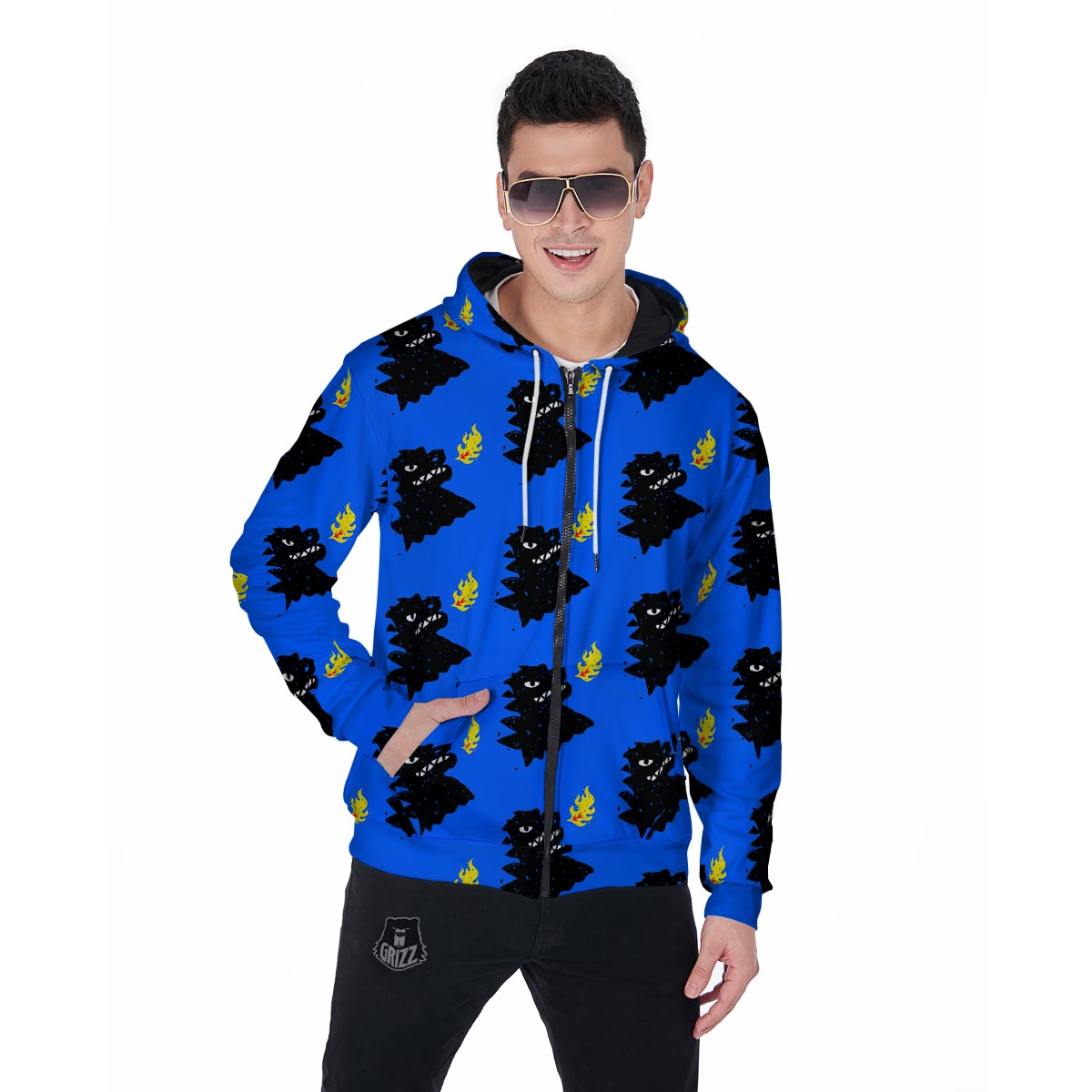 Godzilla Japanese Pattern Print Men's Zip Up Hoodie-grizzshop