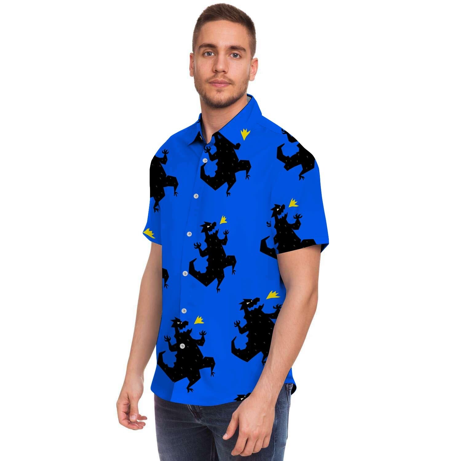 Godzilla Print Men's Short Sleeve Shirt-grizzshop