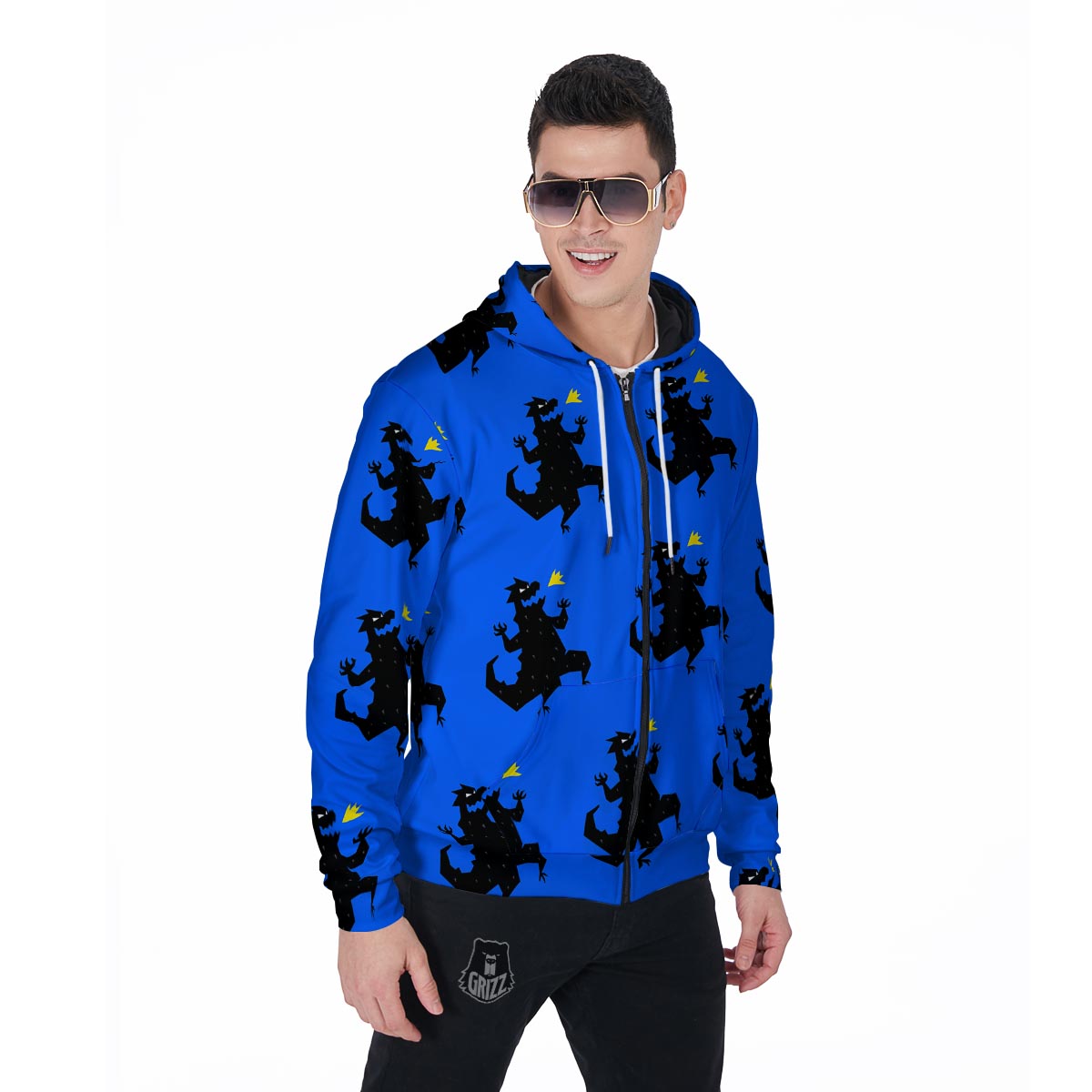 Godzilla Print Men's Zip Up Hoodie-grizzshop