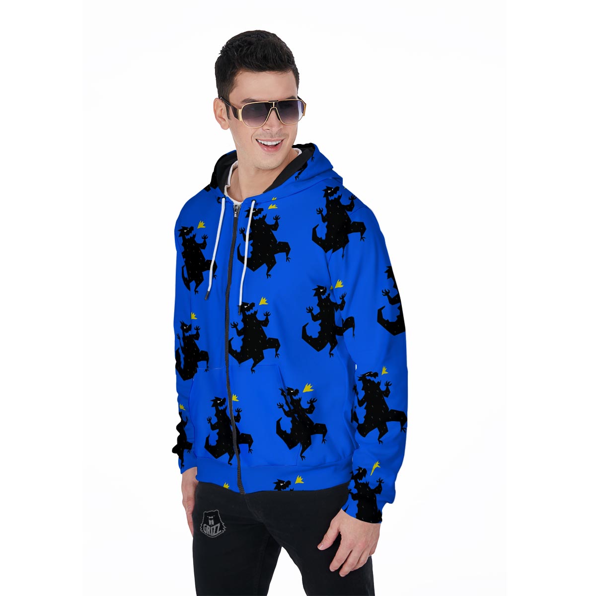 Godzilla Print Men's Zip Up Hoodie-grizzshop