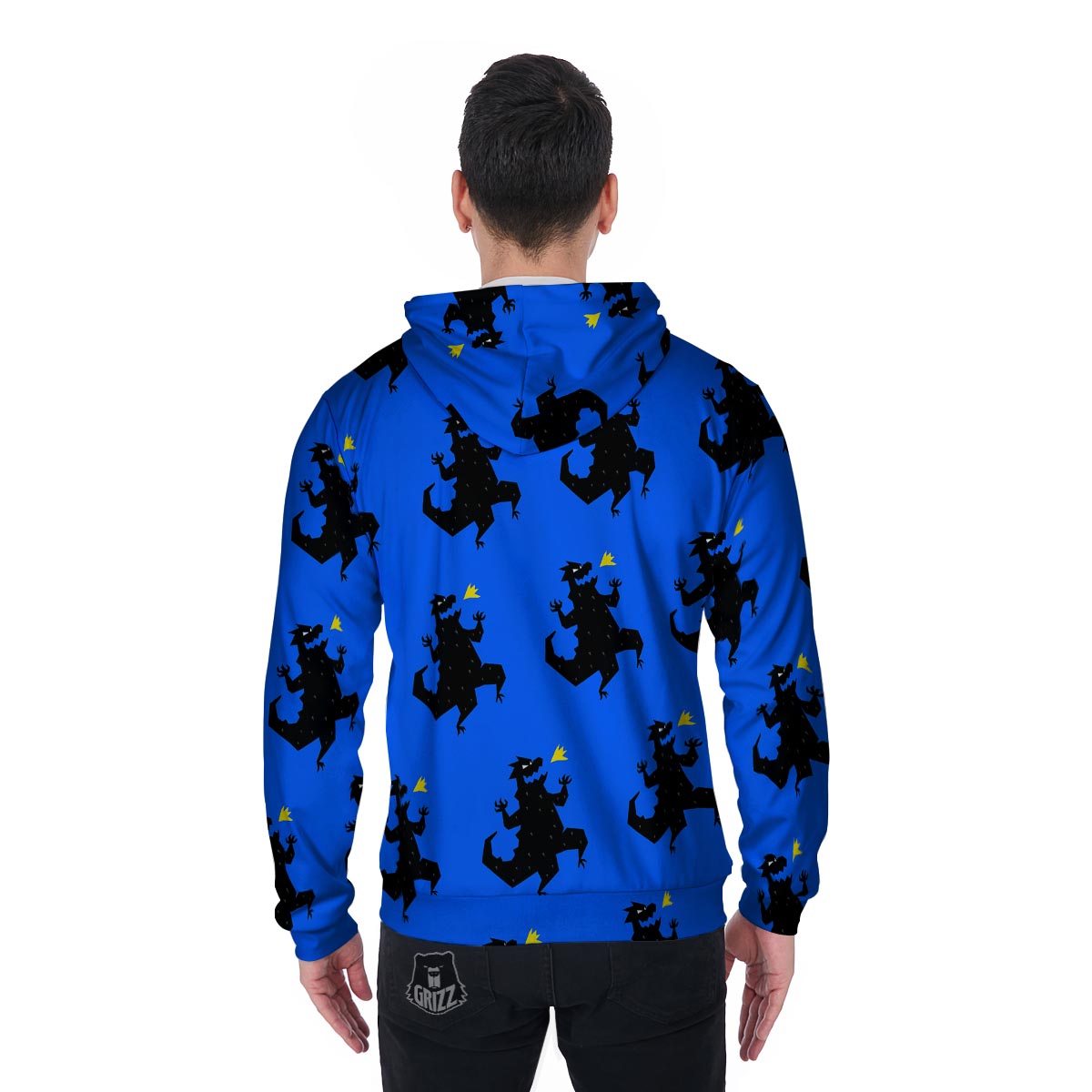 Godzilla Print Men's Zip Up Hoodie-grizzshop