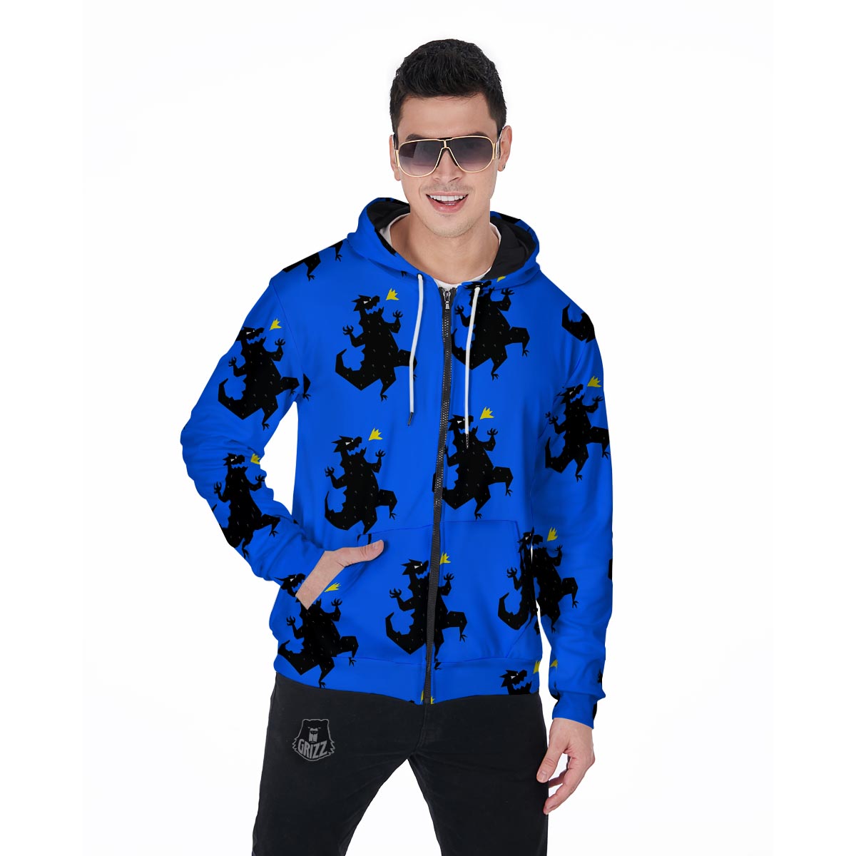 Godzilla Print Men's Zip Up Hoodie-grizzshop