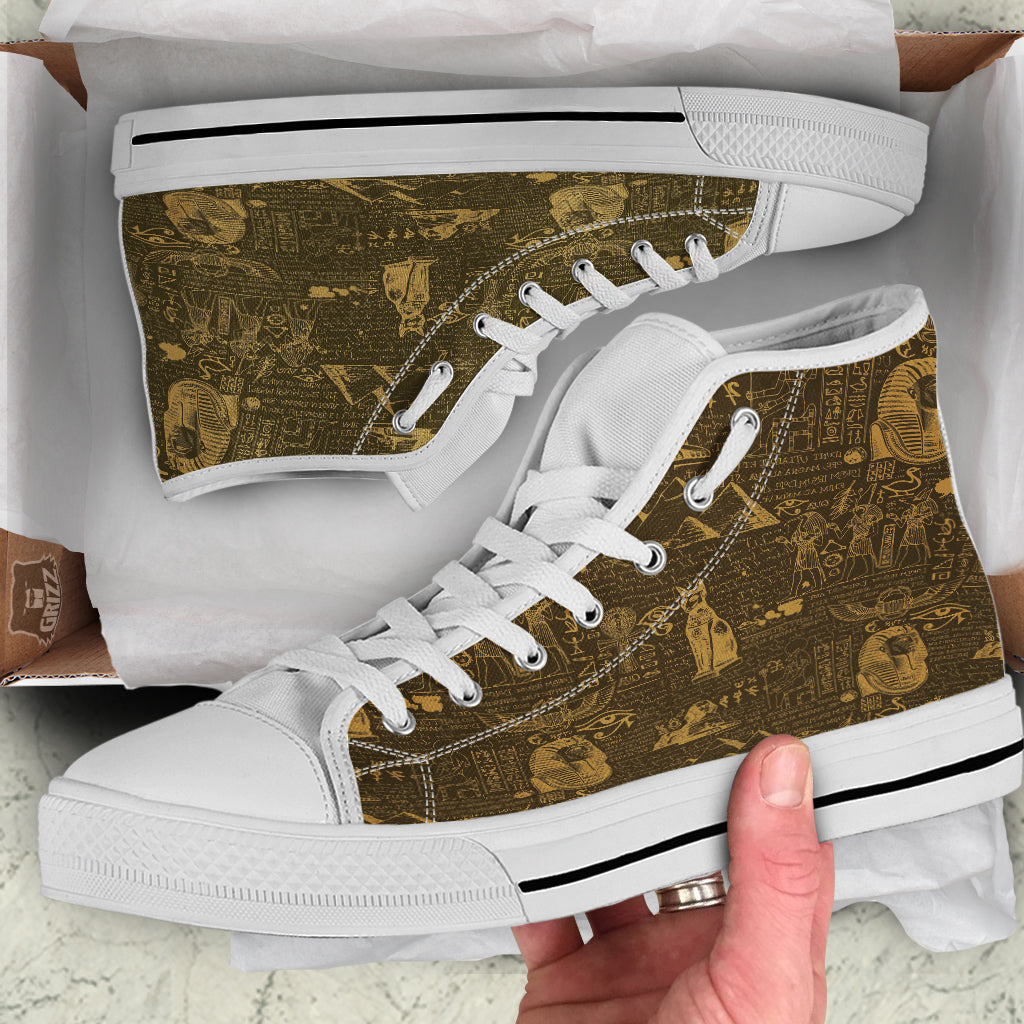 Gold Ancient Egypt Print Pattern White High Top Shoes-grizzshop