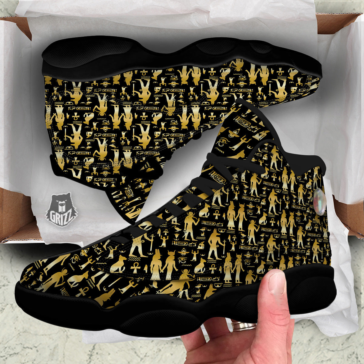 Gold And Black Egypt Ancient Mythology Print Pattern Black Basketball Shoes-grizzshop
